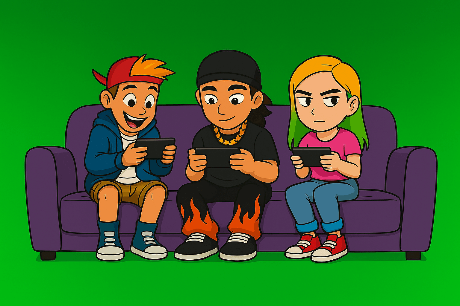 Zob, Andu și prietenii pe canapea, jucând pe telefon